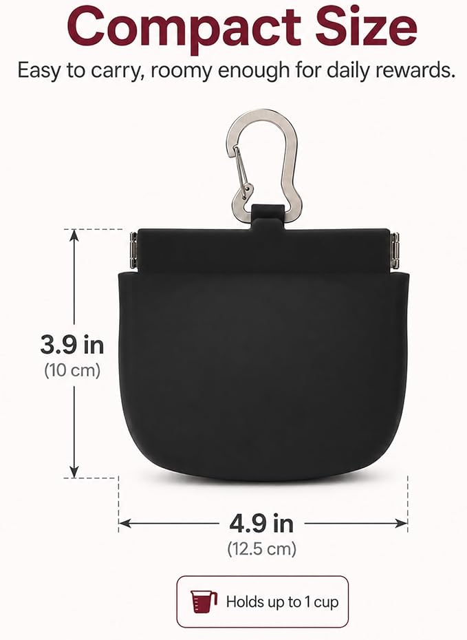 Silicone Dog Treat Pouch for Pet Training One-Hand Access One Cup Silicone Treat Bag with Pull Tab and Auto Closing Lid Treat Pouches for Leash(Color: Black)