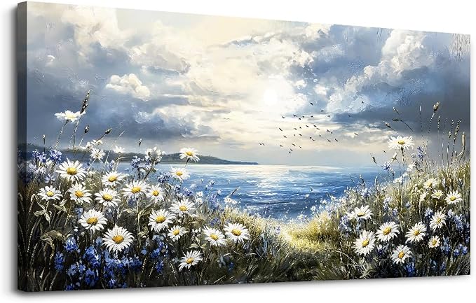 KELIYUAN Large Canvas Wall Art For Living Room Bedroom Wall Decor Home Office Blue Mediterranean Garden Landscape Painting Room Bathroom Dining Room Prints Artwork Picture Wall Decoration 20x40 In