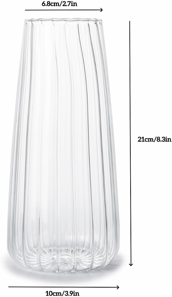 Clear Glass Vase for Flowers, Ribbed Flower Vase for Home Decor, 8.3in H | Modern Glass Vases Centerpieces for Living Room,Bedroom,Dining Room,Bathroom,Office,Wedding, Housewarming Valentine Gifts