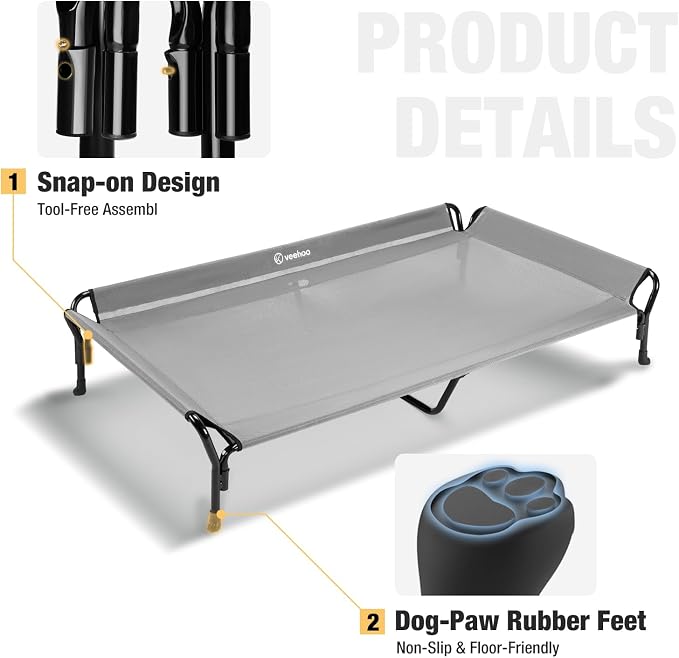 Veehoo Cooling Elevated Dog Bed, Raised Dog Cot with Guardrail & Headrest | Washable Dog Couch Bed for Indoor & Outdoor, Durable Breathable Teslin Mesh, Non-Slip Feet, XX Large, 63" x 37", Grey