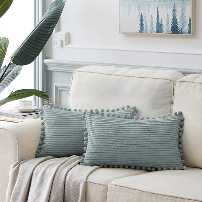 Fancy Homi Pack of 2 Farmhouse Lumbar Decorative Throw Pillow Covers with Pom-poms, Soft Corduroy Solid Rectangle Cushion Cases Set for Couch Sofa Bedroom Living Room (14x24 Inch/35x60 cm, Grey Blue)
