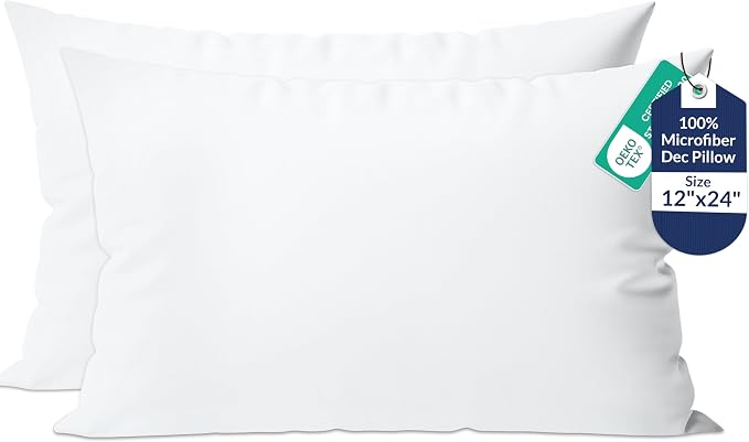 ROYALE LINENS 12 x 24 Pillow Insert - Down Alternative Throw Pillows Insert - Rectangle Pillow Pack of 2 White - Bed & Couch Pillows - Inner Cushion for Bed, Cushion for Living Room - Shams Stuffer