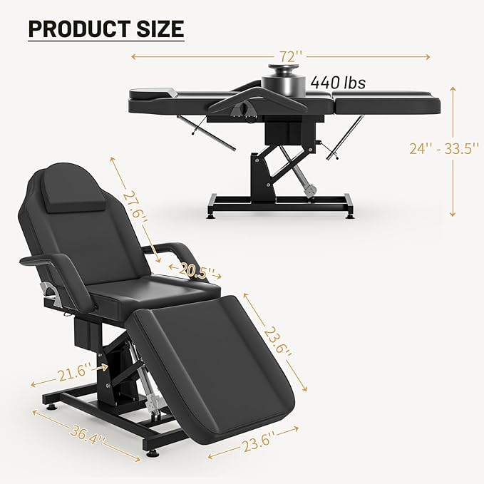 Electric Tattoo Bed Chair for Client Height Adjustable Facial Chairs for Esthetician Beds w/Headrest Massage Table