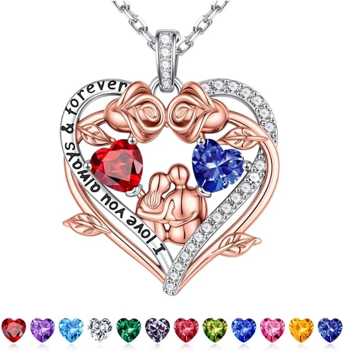 Iefil Valentines Gifts for Her Wife - 925 Sterling Silver Double Heart Birthstone Necklace, Anniversary Birthday Gifts for Women Wife Girlfriend