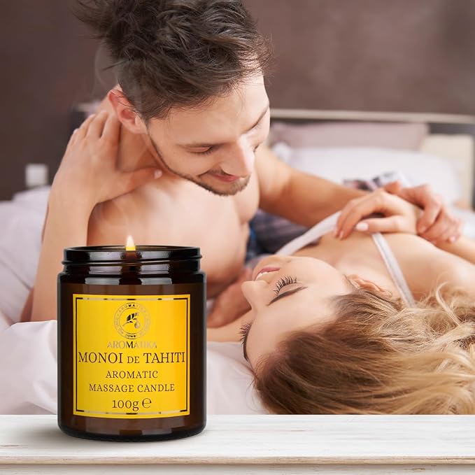 Scented Massage Candle Monoi de Tahiti - Soy Wax Candle 3.5Oz - Relaxing Massage Candle - Blend of Coconut & Almond & Monoi de Tahiti Oils - Vanilla Oleoresin - Skin Care - Beauty - Aromatherapy
