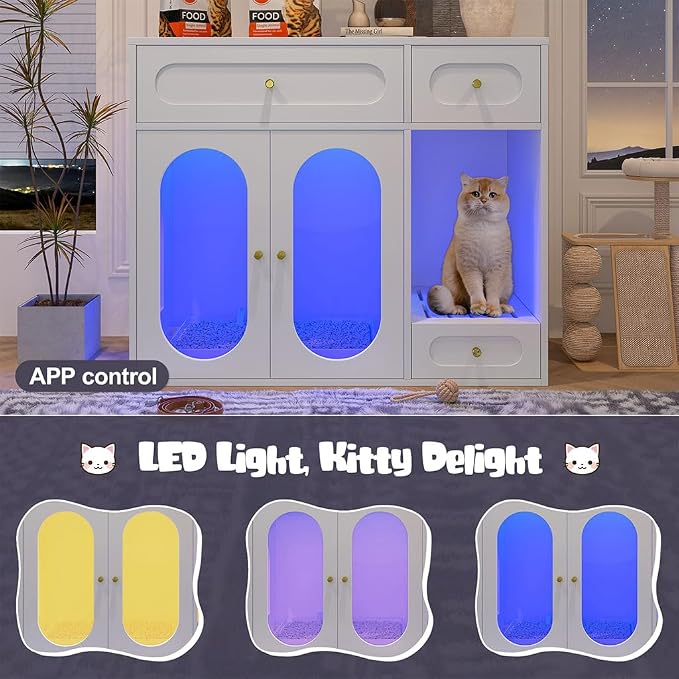 Hidden Cat Litter Box Enclosure Furniture with LED Light, Modern Litter Box Cabinet with Drawers & Acrylic Door, Multi-Entry Cat House Sideboard for Living Room, 37.4"W x 15.6"D x 31.5"H,White