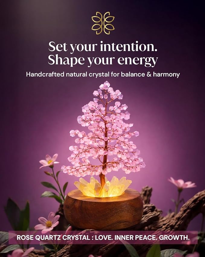 Rose Crystal Tree of Life with LED Light – Handcrafted Gemstone Bonsai on Quartz Base & Acacia Wood Stand – Spiritual Home & Office Décor, Feng Shui, Thoughtful Gift for Women