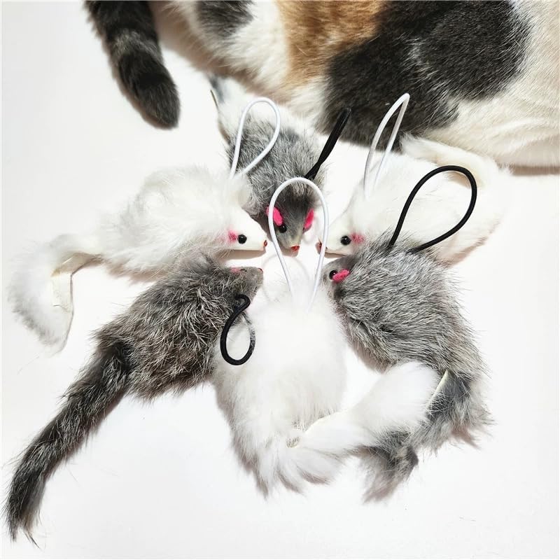 Real Rabbit Fur Interactive Cat Toy Mouse, 5.5" Extra Large Durable Squeaky Toys with Long Tail, Crinkle Sound & Hanging Rope, Self-Play Toys for Indoor Cats (5 Pack Grey/White Color)