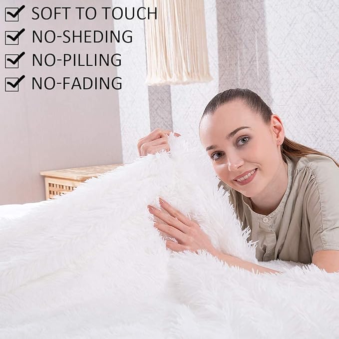 YUSOKI Long Faux Fur Twin Size Blanket, White, 60" x 80" | Ultra Soft, Lightweight for All Season Use, stays fluffy after repeated washes, Perfect Gifts, Machine Washable