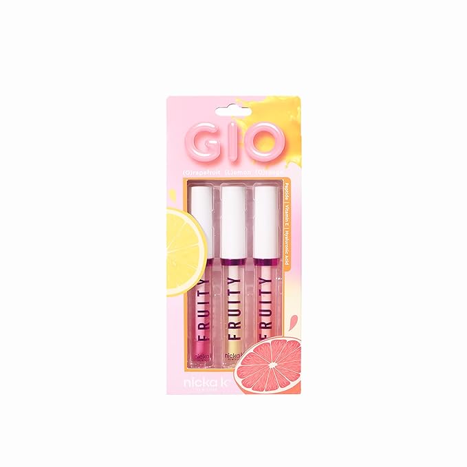 NICKA K NEW YORK GLO Fruity Lip Gloss Set – Grapefruit, Lemon & Orange – Hydrating, Non-Sticky, Long-Lasting Shine (MLGFR1 Glo)
