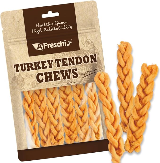 AFreschi Turkey Tendons Dog Treats, Braided Sticks, 3.5 oz | Rawhide-Free Puppy Chews