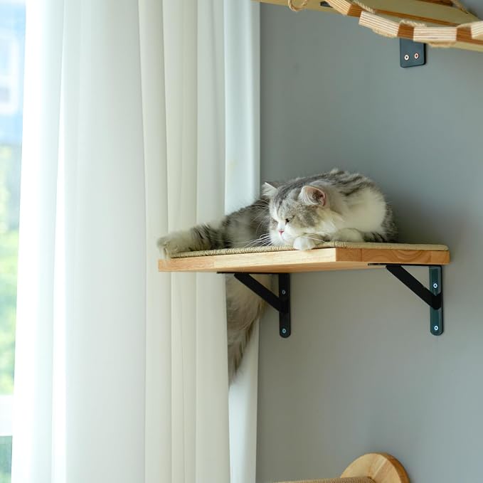 FUKUMARU Cat Wall Shelves, 17 x 10 Inch, Sisal Mat | Solid Rubber Wood Floating Shelf with Upgraded Installation, Kitten Wall Furniture for Sleeping, Playing and Scratching