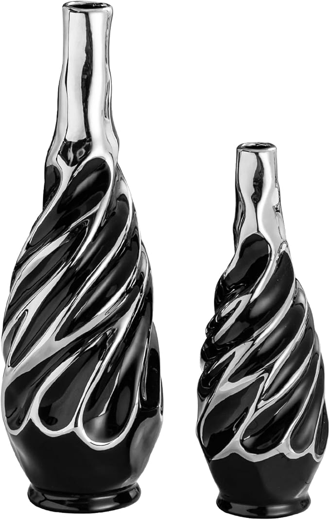 Yundu Black with Silver Vase Set of 2 - Pampas Grass Vase, Ceramic Vases Ideal for Living Room, Shelf, Coffee, Home Decor. Boho & Modern Centerpieces Flowers Vases