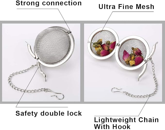 2Pcs Stainless Steel Tea Infuser Strainer, 2.04 Inch Metal Fine Mesh Tea Spice Ball for Loose Leaf Tea, Tea Filter with Chain Hook, Tea Interval Diffuser for Spices, Seasonings