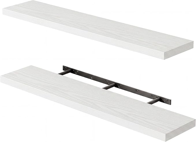 Fixwal Floating Wall Shelves for Decor (White, Set of 2, 47.2Inch) | MDF Shelf with Metal Brackets, Space Saving for Books , Decor, Fits Bathroom, Kitchen, Bedroom, or Office