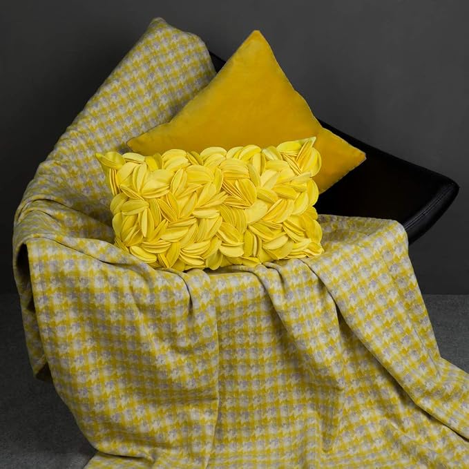 KINGROSE Velvet 3D Floral Lumbar Throw Pillow Cover, York Yellow, 12x20 in | Handmade Solid Flower Pillowcase, Soft Rectangle Cushion Cover for Couch Sofa Bed Living Room