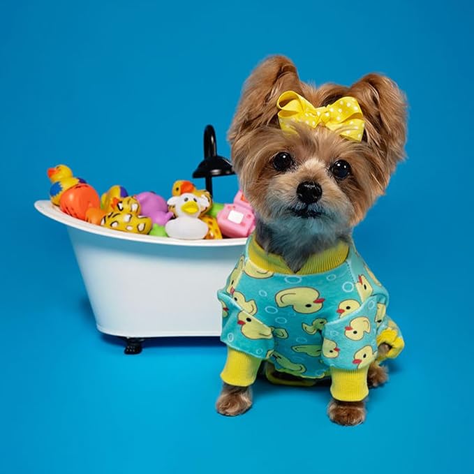 KYEESE Velvet Dog Pajamas for Small Dogs Soft Onesie Shirt, Yellow Duck | 4-Way Stretch, Lightweight & Breathable, Reduces Shedding, Gentle on Sensitive Skin, Recovery Support, Easy Potty Breaks