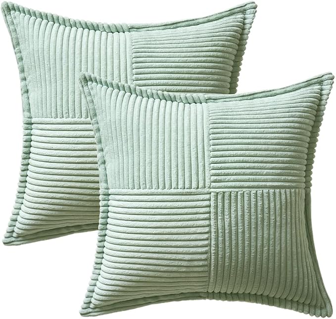 MIULEE Decorative Throw Pillow Covers for Couch 18x18 Inch Mint Green | 2 Pack, Boho Broadside Striped Patchwork Pillow Covers, Soft Corduroy Cushion Cases, For Sofa Bed Livingroom Home Decor