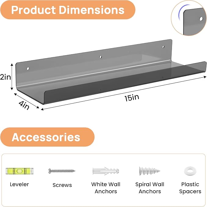 upsimples 4 Pcs 15" Acrylic Shelves for Wall Decor and Display, Clear Black | Cute Floating Shelf for Perfume, Skincare, Nail Polish, Wall Organizer for Bedroom, Living Room, Playroom, Room Décor