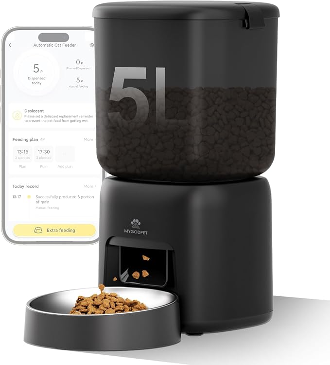 Automatic Cat Feeder, 5G WiFi Auto Cat Food Dispenser with Desiccant Bag, 5L Timed Pet Feeder with Free APP Service, Adjustable Portions Down to 1/12 Cup, Up to 10 Meals Per Day, Dual Power Supply