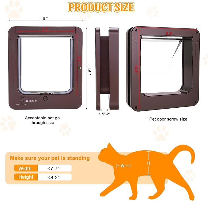 Smart Cat Door with 4 Collar Sensor Key, RFID Cat Door Collar Activated with Remote Control, 4 Way Locking Cat Flap Automatic Pet Door Interior & Exterior(Brown)