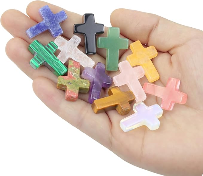 DUQGUHO 1 Inch Pocket Cross Crystals Pocket Hug Token Cross Shaped Gemstones Small Palm Crosses Stones Bulk 12PCS