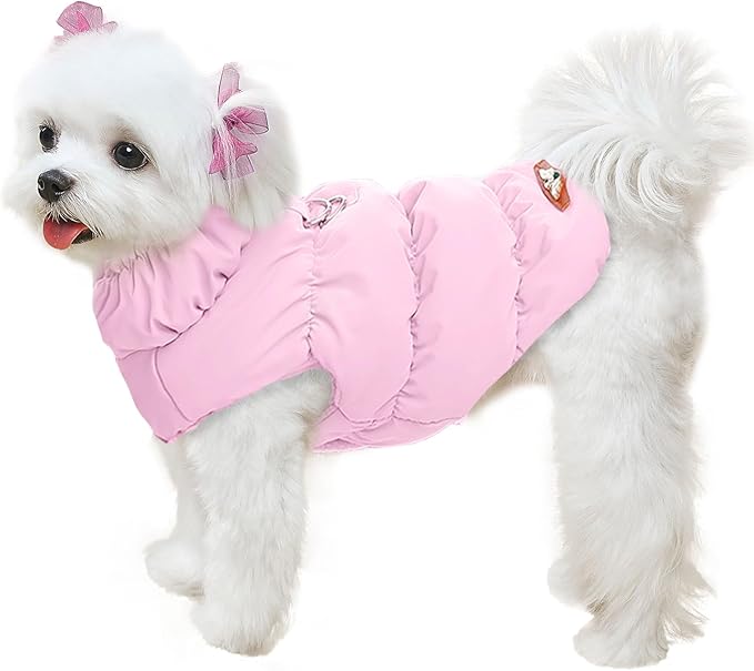 ABRRLO Winter Warm Dog Jacket for Small Medium Dogs Cat Cold Weather Coats with Harness Paded Dogs Fleece Vest Waterproof Windproof Dog Snow Jacket Pet Puppy Clothes (Pink,L)