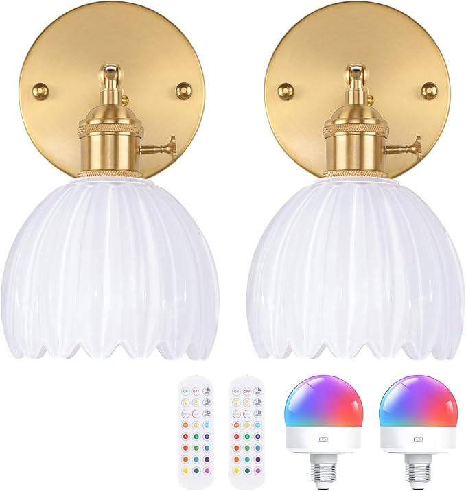 Shenmoyl Vintage Battery Operated Wall Sconce with White Tulip Glass Lampshade Rechargeable Battery Powered Wall Light with Remote Control for Bedside Bedroom Doorway, Set of 2