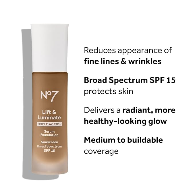 No7 Lift & Luminate Triple Action Serum Foundation - Liquid Makeup with SPF 15 for a Dewy, Glowy Base - Radiant Formula for Mature Skin - Deep Honey (30ml)