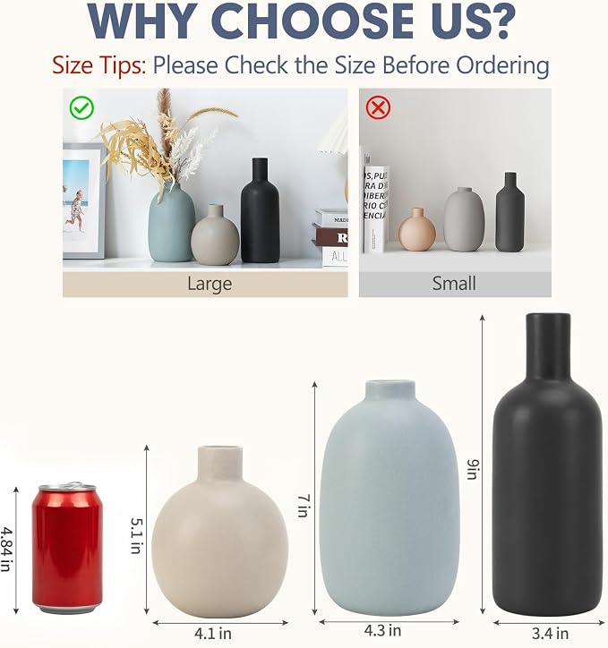 Large Ceramic Vase Set of 3, Neutral Vases Home Decor Waterproof | Farmhouse Vases for Pampas Grass & Dried Flowers and Table Living Room Home Decor