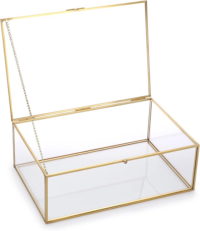 Hipiwe Vintage Glass Keepsake Box - Rectangle Jewelry Display Case, X-Large | Gold Vanity Organizer Lidded Boxes Home Decor Accent for Storage Trinket Rings Bracelet Rock