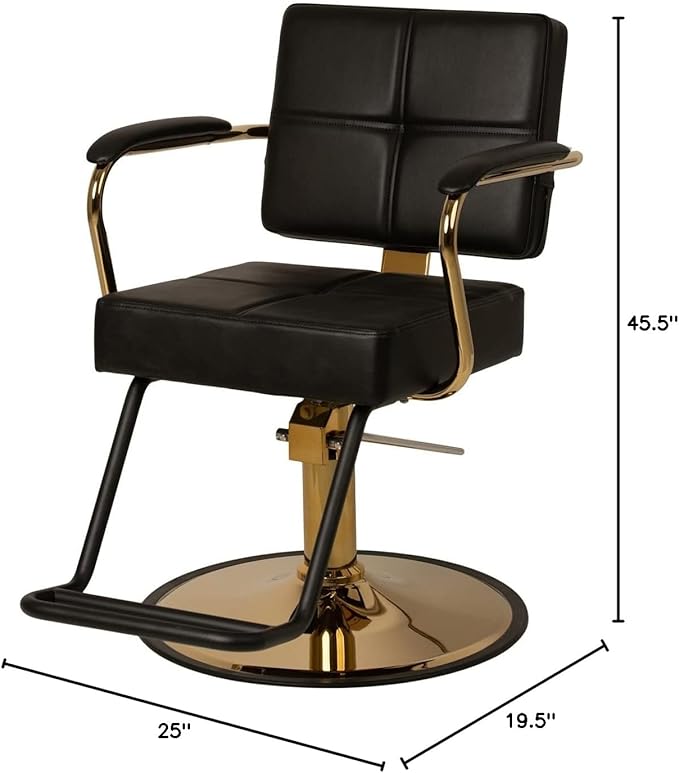 Buy-Rite Victoria Styling Chair for Professional Salons and Barbers, Gold Frame, Smooth All Black Premium Vinyl with Detailed Stitching, Hydraulic Pump, NIN-5506