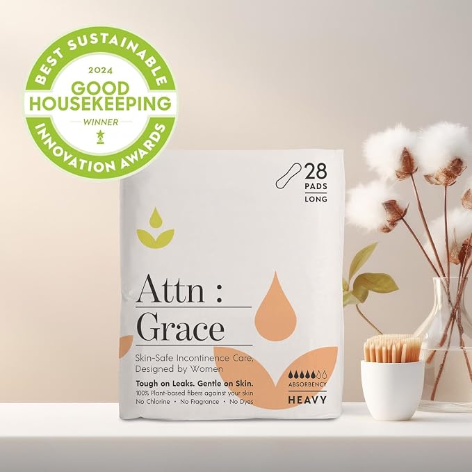 Attn: Grace Heavy Incontinence Pads for Women, 2-Pack (56 Pads Total / 28 per Pack) - Plant-Based, High Absorbency, Breathable - Incontinence Pads for Heavy Bladder Leaks & Sensitive Skin