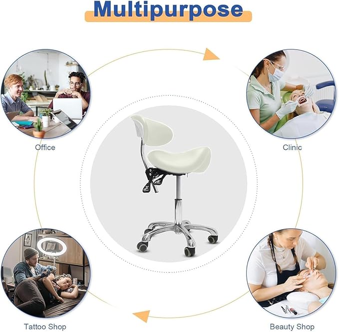 Saddle Stool with Wheels,3-Way Function Rolling Stool with Back Support,Ergonomic Stool Saddle Stool for Hair Stylist for Dentist Salon Tattoo(White)
