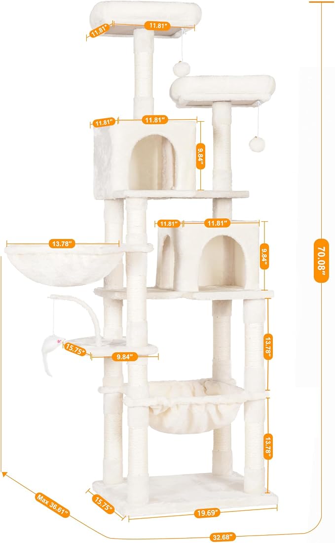 Heybly Cat Tree, 70 inches Tall Cat Tower for Indoor Large Cats HCT032M | Big Cat Condo with Toy , Cat House Furniture with Padded Plush Perch, Cozy Hammock and Sisal Scratching Posts, Beige