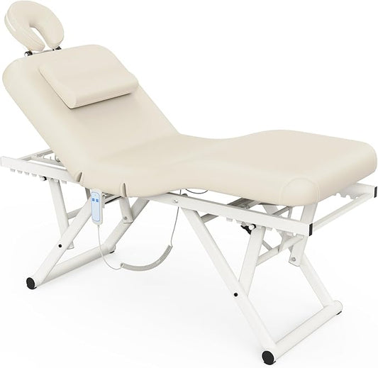 Electric Stationary Massage Table - Adjustable Massage Table with Manual Adjustable Backrest & Height, Treatment Tables with Electric Foot Lift, C-Shaped Pillow, Metal X-Frame, PU Leather for Beauty