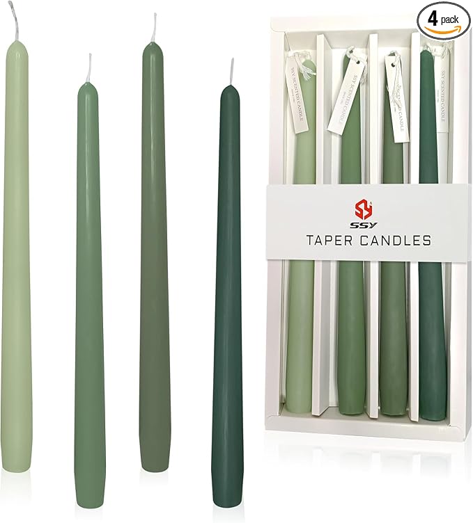 Green Tea Scented Taper Candle 10 Inch Long Gradient Green Handmade Clean Burning 4 Pack Smokeless Tapered Candle for Christmas Wedding Forest Theme Rustic Office Spa Relaxation Home Decor