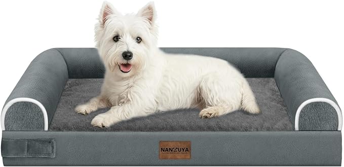 Orthopedic Dog Bed for Medium Dogs, 28 x 19 Inch, Dark Grey | Egg crate foam for joint support, 3-sided bolster pet sofa, waterproof lining, washable cover, and non-skid base