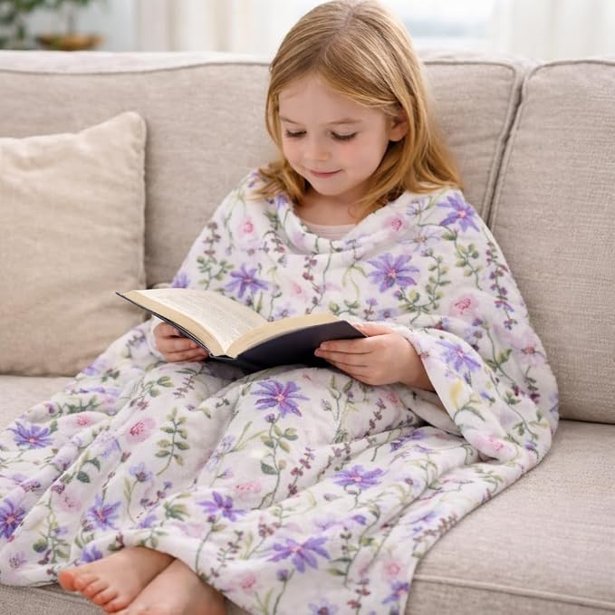 Spring Velvet Fleece Floral Throw Blanket: Wild Flowers of Pink Purple Green on a Colorful Soft Cozy White Design, Oversized 50" x 70"