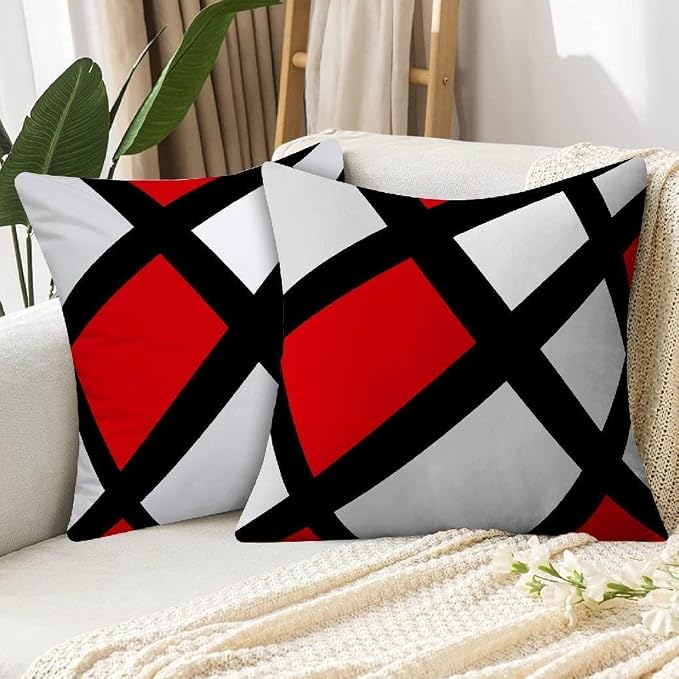 Modern Art Geometric Pillow Cover, Decorative Throw Pillow Covers Red Black Abstract Artwork Cushion Cover for Bedroom Sofa Living Room 26 x 26 Inch Set of 2