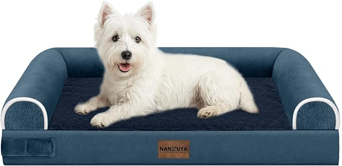 Orthopedic Dog Bed for Medium Dogs, 28 x 19 Inch, Navy Blue | Egg crate foam for joint support, 3-sided bolster pet sofa, waterproof lining, washable cover, and non-skid base