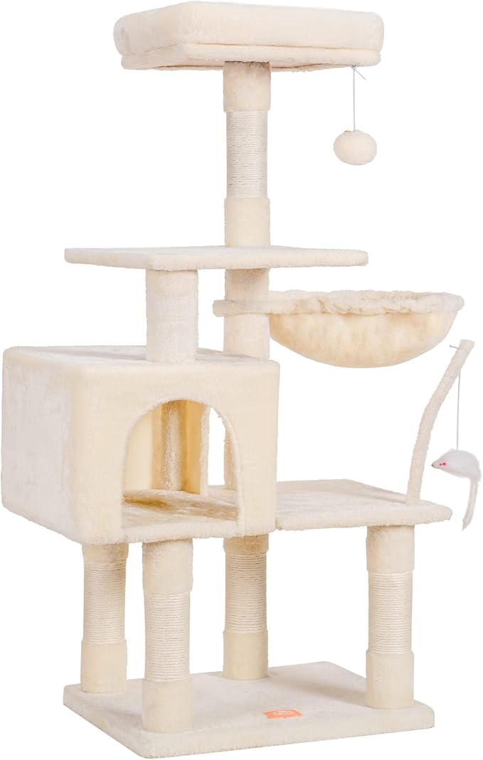 Heybly Cat Tree with Toy, 43.3 inch Cat Tower for Indoor Cats HCT004M | Cat Condo with Durable Sisal Scratching Posts, Cat House with Padded Plush Perch, Cozy Hammock, Beige