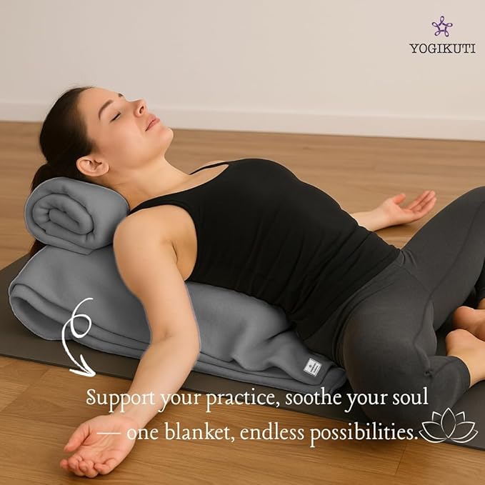 Yogikuti Iyengar Cotton Yoga Blanket Set of One – Thick Handwoven Yoga Blankets for Restorative Yoga, Meditation & Pranayama – Premium Cotton Yoga Blanket for Support & Comfort in Pranayama (Gray)