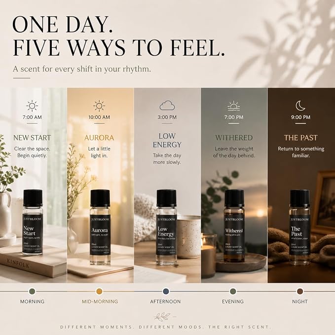 JustBloom Hotel Diffuser Oil Set, 5 Scents, 5 x 20 mL | Five hotel-inspired fragrance oil blends for waterless and cold-air diffusers, designed for home, office and all-season use.