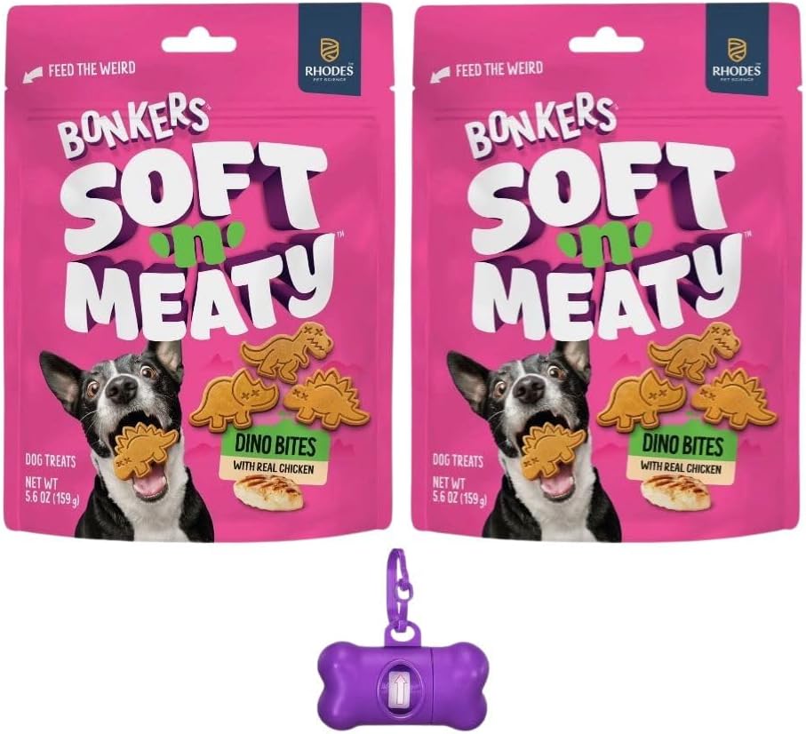 Bonkers Soft & Meaty Chicken Flavor Biscuit Dinosaur Shaped Treats for Dogs 5.6 oz (Pack of 2) with Bone Waste Bag Dispenser & Free Roll
