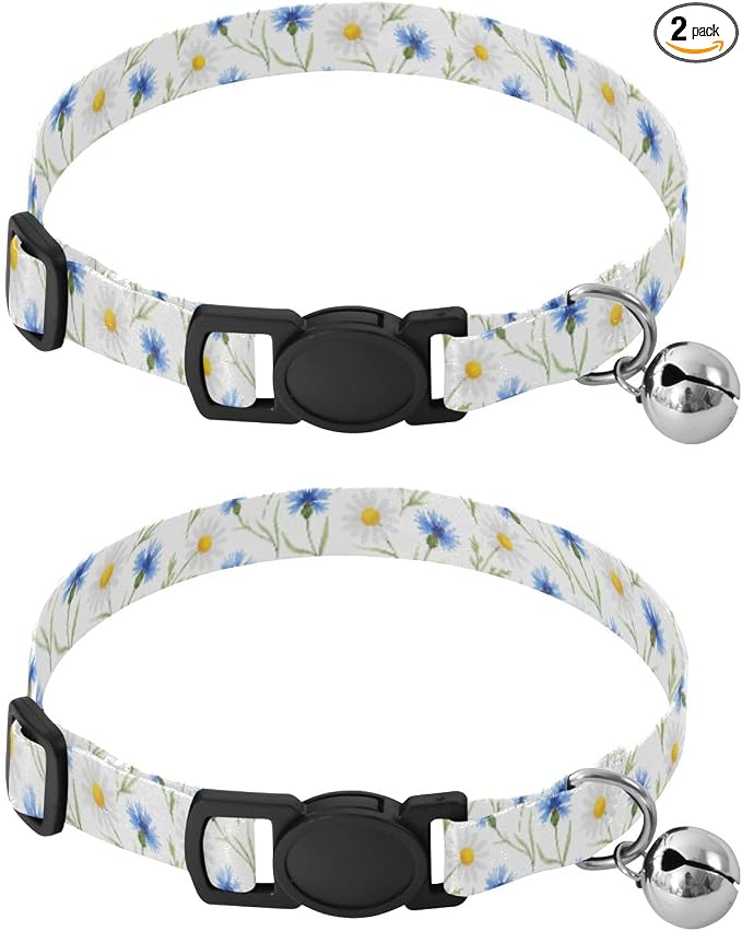 Watercolor Blue Cornflowers White Daisies Easy to Wear Small Dog Collar 2 Pack Comfortable Cat Collar