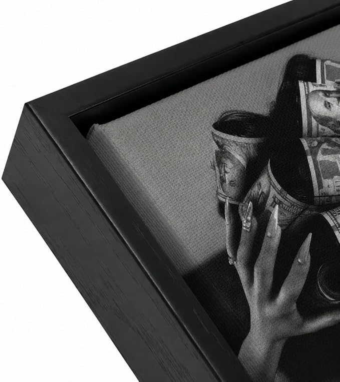 Framed Black and White Fashion Canvas Wall Art Luxury Feminist Picture Wall Decor Trendy Woman with Money on Head Poster Print for Girls Bedroom Apartment Dorm Bar Cart Home Decoration 16x24in
