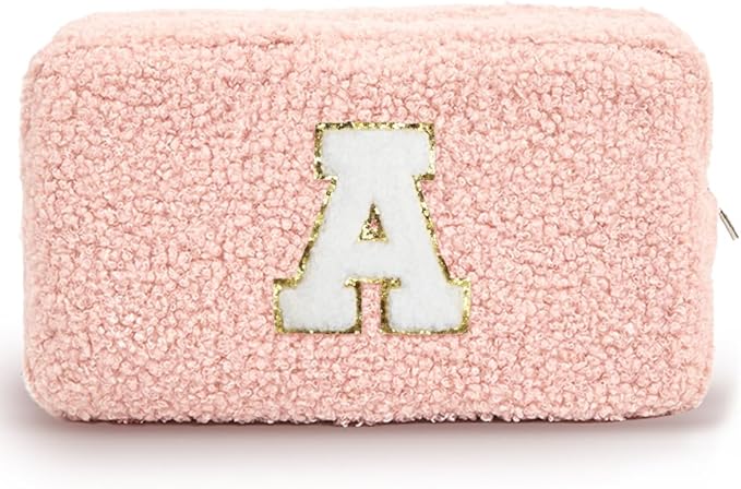 Cute Makeup Bag, Initial Cosmetic Bag, Fuzzy Makeup Bags for Women, Preppy Pink Makeup Pouch with Chenille Letter, Personalized Gifts for Women, Pink A