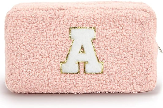 Cute Makeup Bag, Initial Cosmetic Bag, Fuzzy Makeup Bags for Women, Preppy Pink Makeup Pouch with Chenille Letter, Personalized Gifts for Women, Pink A