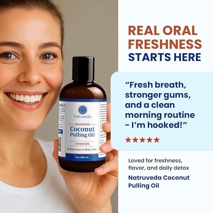 Natruveda Cinnamon Coconut Pulling Oil, 8 oz | Advanced Ayurvedic Oil Pulling Mouthwash with Virgin Coconut Oil, Clove & Sesame | Alcohol-Free Oral Care | with 20g Herbal Toothpaste